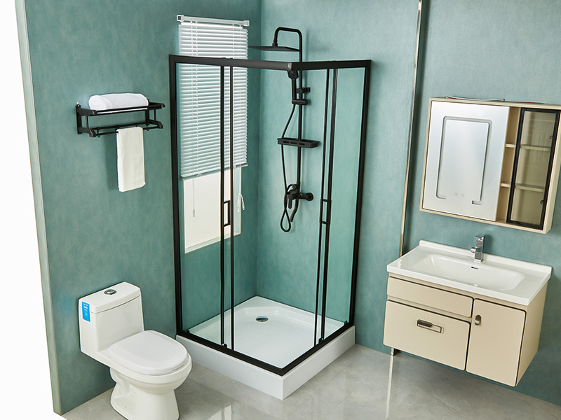 Cabină de duș glisantă SQ, sticlă securizată transparentă, profil din aluminiu negru, mâner cu două orificii, cu tavă Cabină de duș glisantă SQ, sticlă securizată transparentă, profil din aluminiu negru, mâner cu două orificii, cu tavă