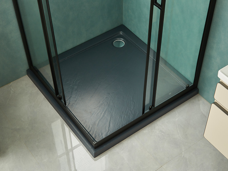 Cabină de duș glisantă SQ, sticlă securizată transparentă, profil din aluminiu negru, mâner cu două orificii, cu tavă Cabină de duș glisantă SQ, sticlă securizată transparentă, profil din aluminiu negru, mâner cu două orificii, cu tavă