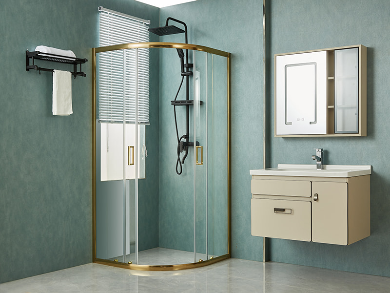 Cabină de duș glisantă SE, sticlă securizată transparentă, profil din aluminiu auriu, mâner cu două orificii, fără tavă