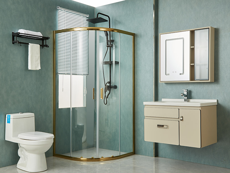 Cabină de duș glisantă SE, sticlă securizată transparentă, profil din aluminiu auriu, mâner cu două orificii, fără tavă Cabină de duș glisantă SE, sticlă securizată transparentă, profil din aluminiu auriu, mâner cu două orificii, fără tavă