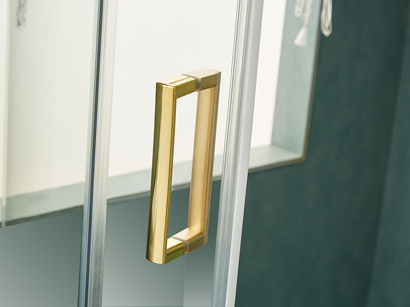 Cabină de duș glisantă SE, sticlă securizată transparentă, profil din aluminiu auriu, mâner cu două orificii, fără tavă Cabină de duș glisantă SE, sticlă securizată transparentă, profil din aluminiu auriu, mâner cu două orificii, fără tavă