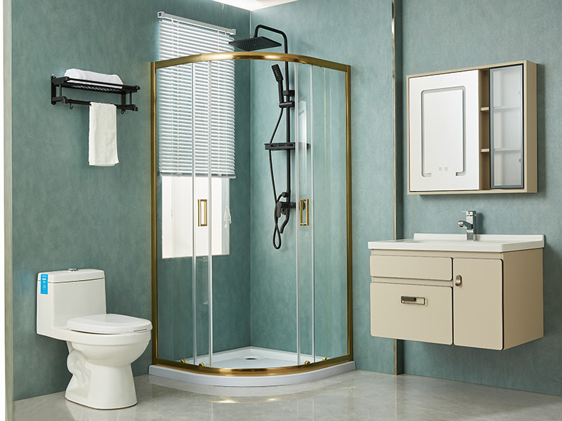 Cabină de duș glisantă SE, sticlă securizată transparentă, profil din aluminiu auriu, mâner cu două orificii, fără tavă Cabină de duș glisantă SE, sticlă securizată transparentă, profil din aluminiu auriu, mâner cu două orificii, fără tavă