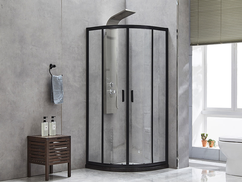 Cabină de duș glisantă SE, sticlă securizată transparentă, profil din aluminiu negru, mâner cu două orificii, fără tavă