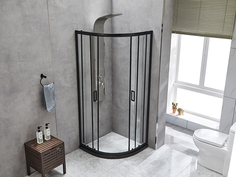 Cabină de duș glisantă SE, sticlă securizată transparentă, profil din aluminiu negru, mâner cu două orificii, fără tavă Cabină de duș glisantă SE, sticlă securizată transparentă, profil din aluminiu negru, mâner cu două orificii, fără tavă