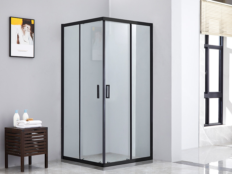 Cabină de duș glisantă SQ, sticlă securizată transparentă, profil din aluminiu negru, mâner cu două orificii, fără tavă